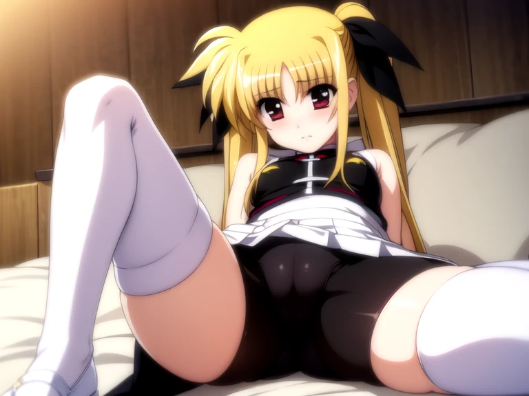 (ultra-highdetail, 8k quality, best quality, extremely detailed illustration,intense shadows),12 yeas old, nsfw, nipple, front open clothes, (Fate Testarossa, Magical Girl Lyrical Nanoha, red eye, long twintails, blonde hair, black ribbon, ), (white panties, very short white pleated skirt, zettai-ryouiki, white thighhighs), cameltoe, five fingers, embarrassed, cameltoe,