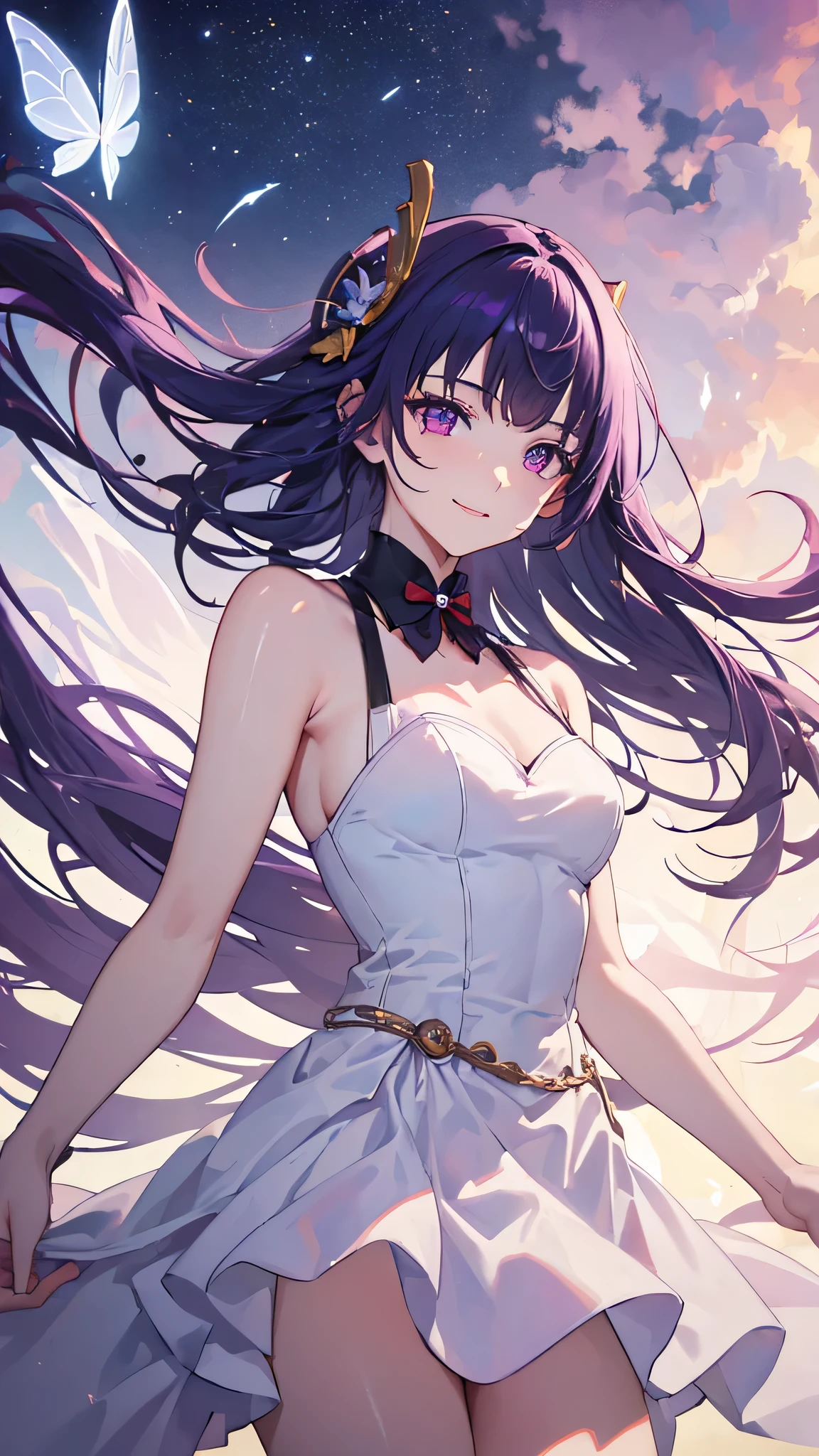 ((Masterpiece)), (best quality), white dress, ((1girl)), butterfly hairpin, ((red dress)), purple eyes, purple hair, smile, night sky