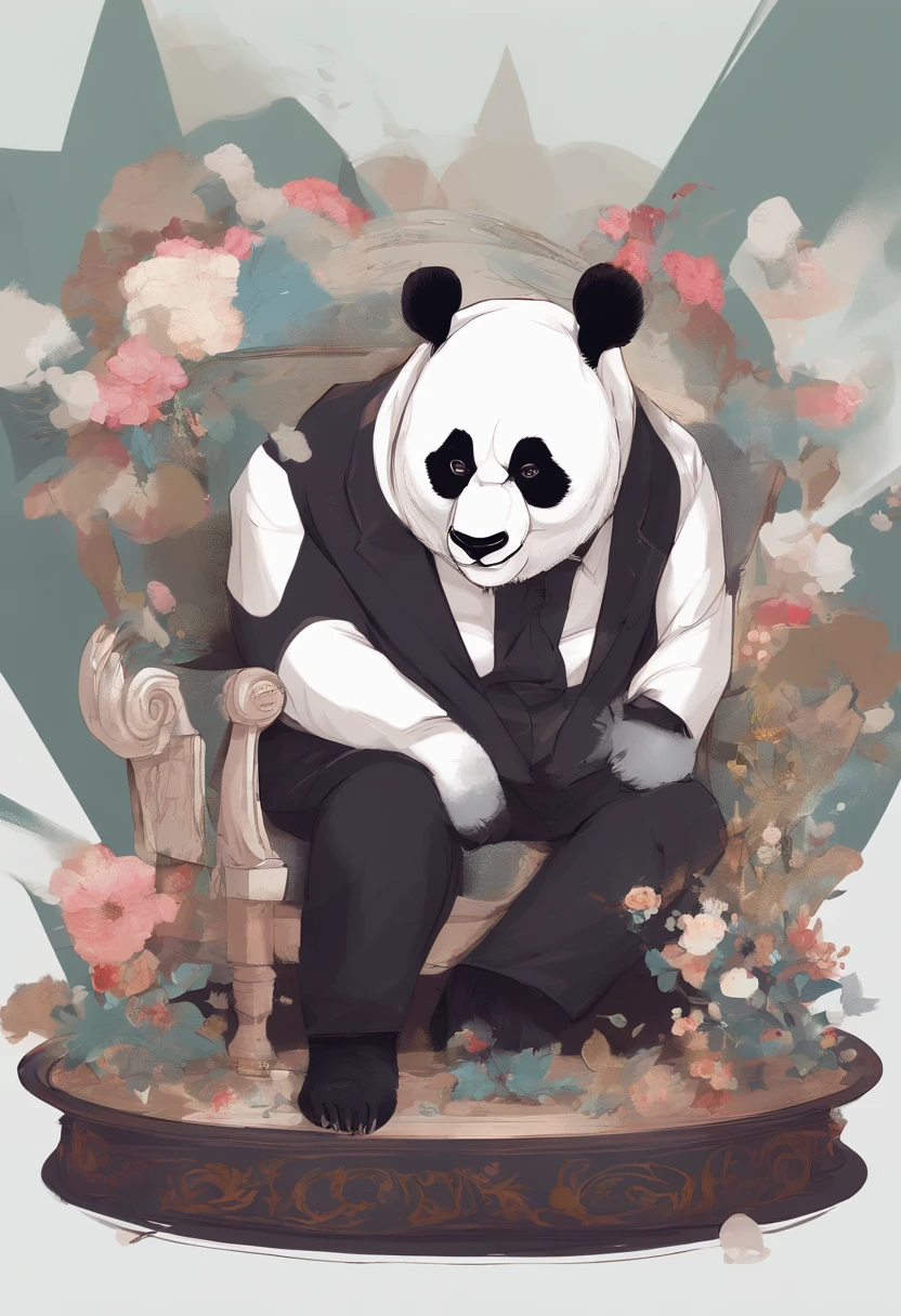 anthropomorphic panda, de cuerpo entero, vestido formalmente con un blazer, sostiene una bandeja, pegatina de panda, sticker de panda.