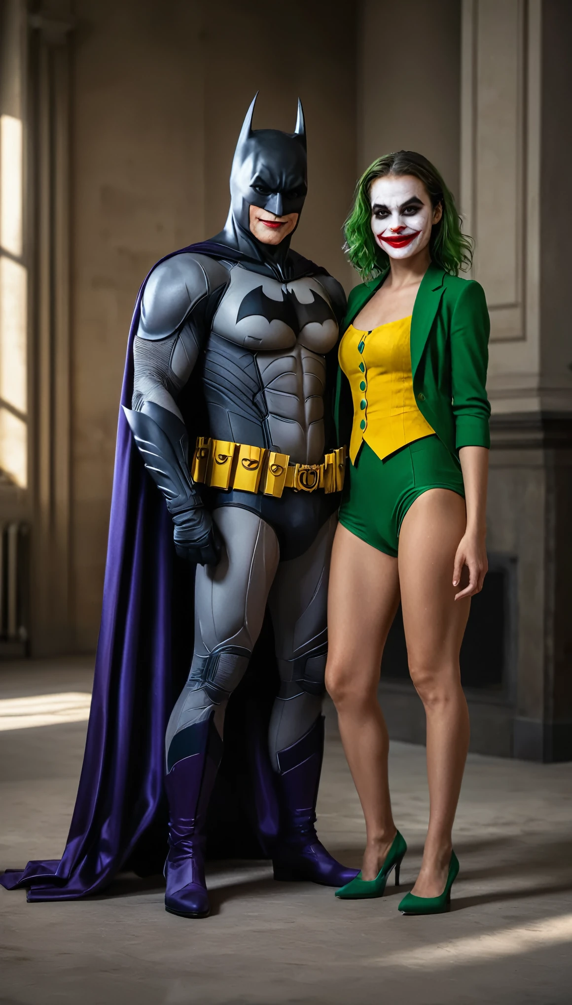 Couple Photo, fullbody, full body,A group photo of Batman and Joker, capturing high-definition details, realistic color expression, delicate transitions of light and shadow effects, sharp and clear focus areas, natural and realistic environmental lighting, prominent texture of different materials, and distinct depth of field effects, ultimately presenting a realistic photo style painting, (masterpiece, best quality:1.2),8K, extremly detailed