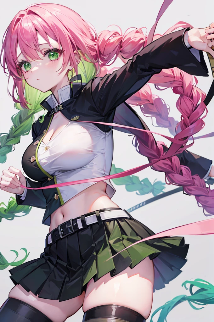 (mature woman), kanroji mitsuri, mitsuri kanroji, mitsuri (anime: demon slayer), female character kanroji mitsuri, long braided hair, long hair, long gradient hair pink to green, multicolored hair pink to green, pink hair, twin braids, two-tone hair, braid, gradient hair (pink to green), hair pink to green, gradient hair, perfect green eyes, green eyes, beautiful eyes, wearing(belt, black skirt, demon slayer uniform, haori), belt, black skirt, demon slayer uniform, haori, cleavage, big breasts, coat, japanese clothes, long sleeves, miniskirt, partially unbuttoned, pleated skirt, uniform, blouse, female figure, perfect figure, 8k image, perfect image, masterpiece, extremely detailed, best quality, 