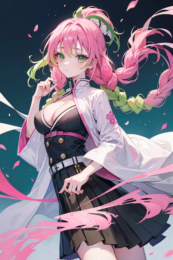 (mature woman), kanroji mitsuri, mitsuri kanroji, mitsuri (anime: demon slayer), female character kanroji mitsuri, long braided hair, long hair, long gradient hair pink to green, multicolored hair pink to green, pink hair, twin braids, two-tone hair, braid, gradient hair (pink to green), hair pink to green, gradient hair, perfect green eyes, green eyes, beautiful eyes, wearing(belt, black skirt, demon slayer uniform, haori), belt, black skirt, demon slayer uniform, haori, cleavage, big breasts, coat, japanese clothes, long sleeves, miniskirt, partially unbuttoned, pleated skirt, uniform, blouse, female figure, perfect figure, 8k image, perfect image, masterpiece, extremely detailed, best quality,