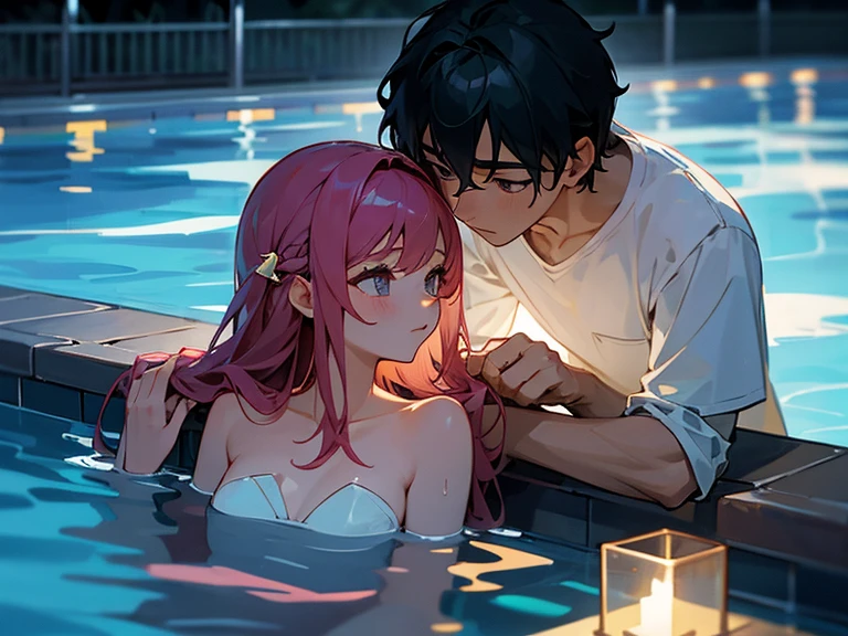 The boy fondle his beautiful girlfriend hair in night in pool together 