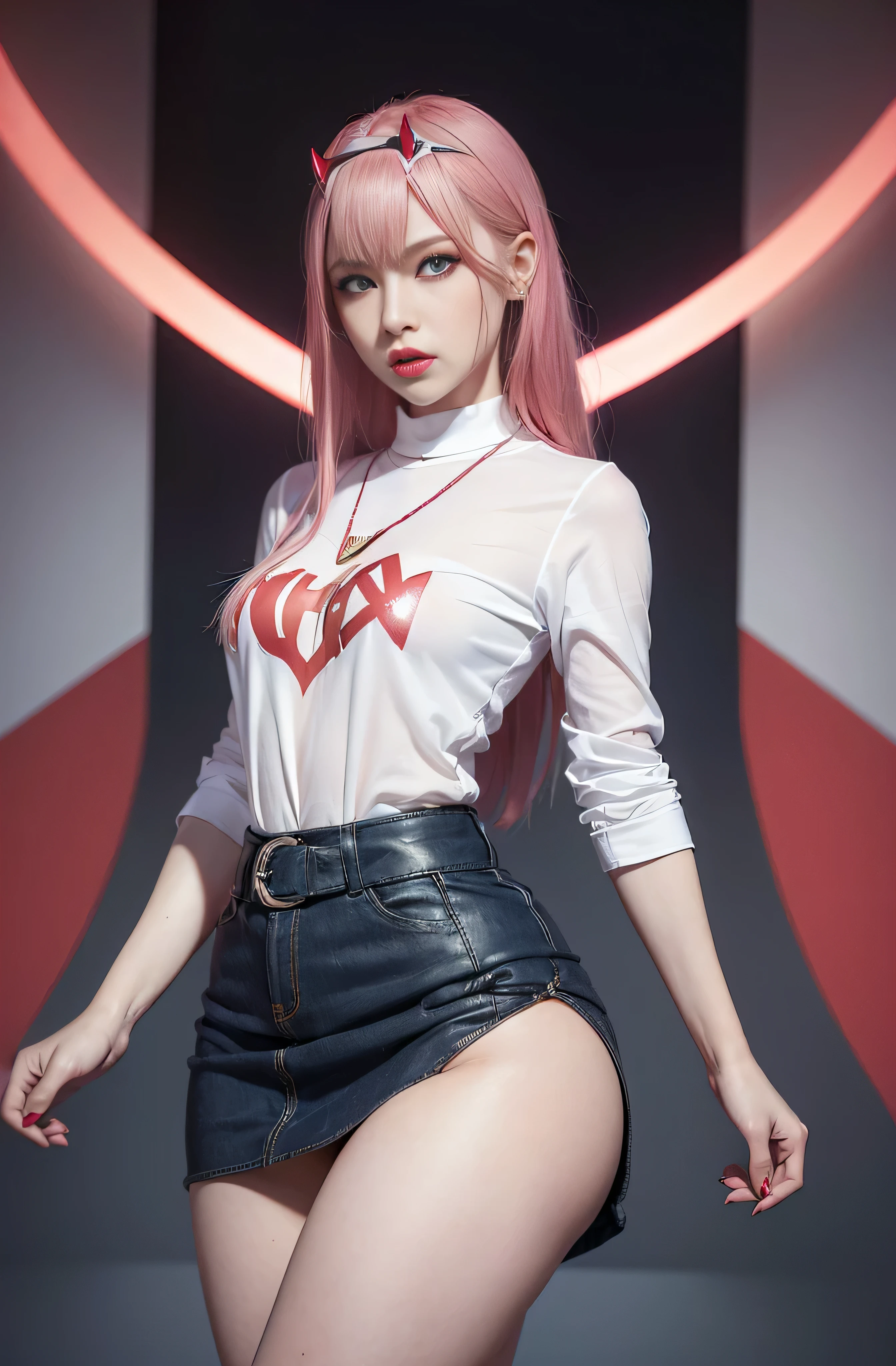 (Best quality, masterpiece: 1.1), (fidelity: 1.4), 1 girl, ((Zero Two/Darling in the Franxx)), upper body, very long hair, study, very young girl, slave, ((Shirt)), ((miniskirt)), slave necklace, high heels, ((very small breasts)), extremely beautiful woman, ((ultra detailed and toned legs)), ((very wide hips)), ((very thick and toned thighs)), (sexy), ((extreme hourglass figure)), ((very thick heart lips)), ((very small and thick lips)), ((red lipstick)), ((blue eyes)), ((angry look)), (blush), (makeup), miniskirt, high heels, ((she is angry)), ((she used a Shirt and miniskirt))