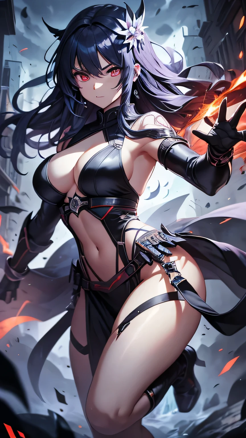 Highest quality、Highest quality、Masterpiece、girl((Age 25、as soon as、Highest Bust、Medium Bust、Wide open chest、Red glowing eyes、Black Ear、Red Mesh、Disheveled Hair、Loincloth、thin、The best valley、Open chest、Luminous Wristbands、hair ornaments、Full body view、Tank top、Black ninja costume、scar、Full body scar、Fighting Pose,Japanese sword))、high quality、Beautiful Art、background((night、Ninja World))、flight、Flying Debris、Depth of text、movie、Visual Arts、Perfect Art、8K、Genuine、