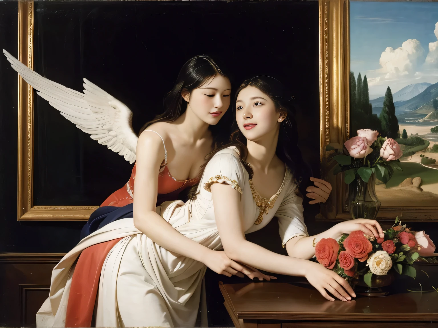 Female angel with two white wing,full body portrait or statue、Sandro Botticelli painting style,Arguments of two female Philosophe,math、astronomical machine、astronaut、roses in vase、fruits、Cute trinkets、smile、ancient greek costume、Ancient Roman landscape in the style of Nicolas Poussin,laughter,,Sweet and seductive appearance.、Caravaggio's paintings、Chiaroscuro of Caravaggio、hair tousled by the wind,Two women frolicking,cute smile, expression of ecstasy,Sexy,erotic