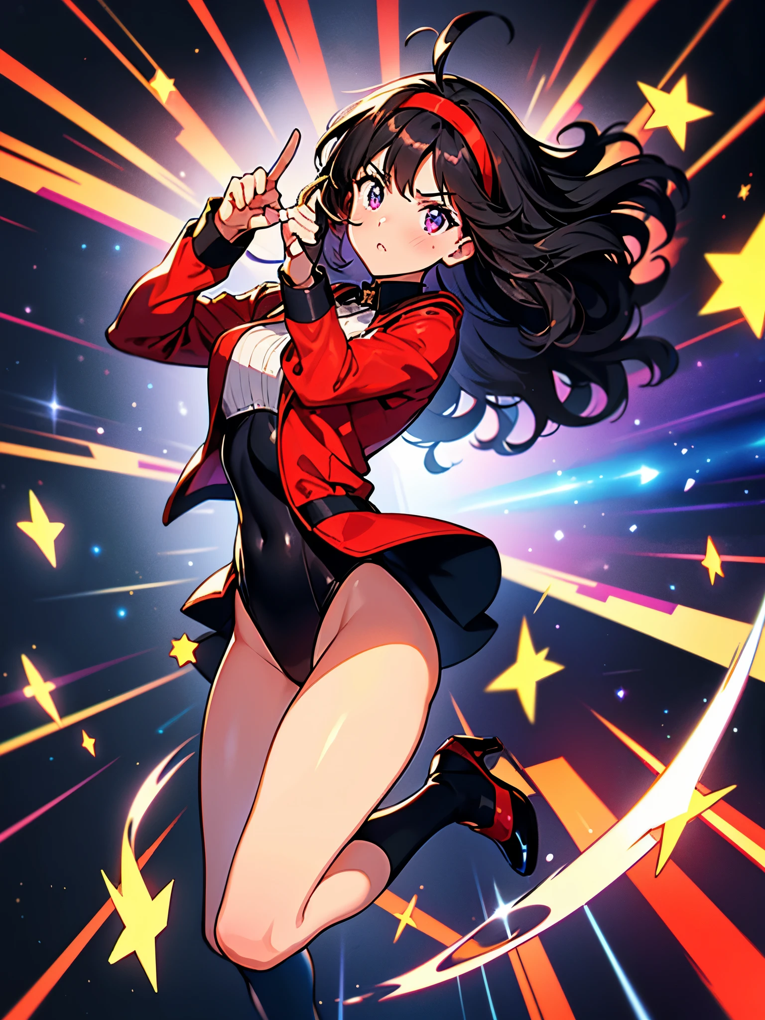 Woman with brown eyes, age 21 (medium hair, black hair, wavy hair, red hairband), ahoge, (white blouse with black stars, red jacket with stars), (leotard, bare legs, black thigh highs, high-heel shoes), purple stellar energy around, cosmic power, cosmic shining power. purple eyes, beautiful detailed eyes, beautiful detailed face, cute face, perfect hands, complete fingers, perfect anatomy, perfect proportions. (shooting with your finger, making a gun with your finger finger gun). full body costume design, full body, cowboy shot.
