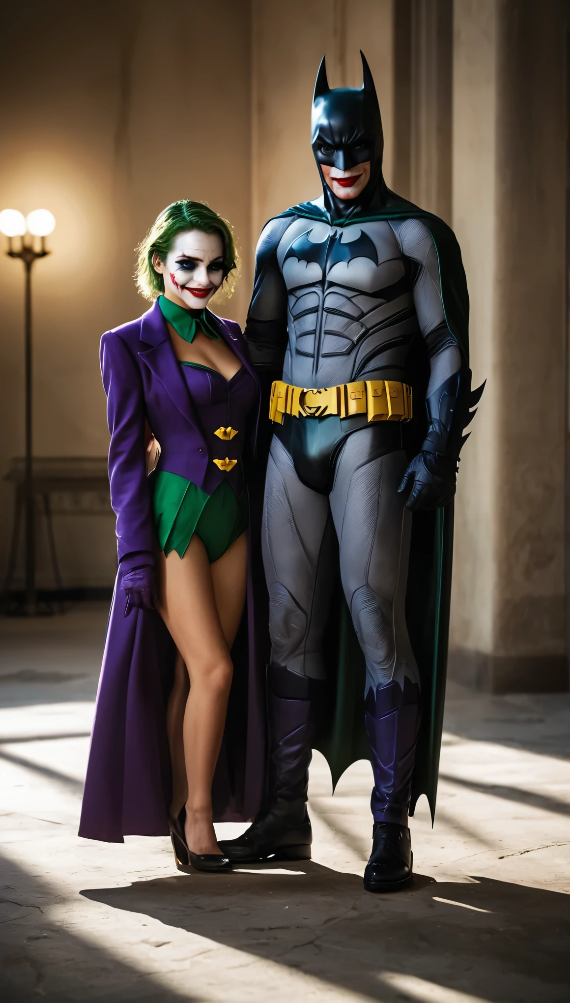 Couple Photo, fullbody, full body,A group photo of Batman and Joker, capturing high-definition details, realistic color expression, delicate transitions of light and shadow effects, sharp and clear focus areas, natural and realistic environmental lighting, prominent texture of different materials, and distinct depth of field effects, ultimately presenting a realistic photo style painting, (masterpiece, best quality:1.2),8K, extremly detailed