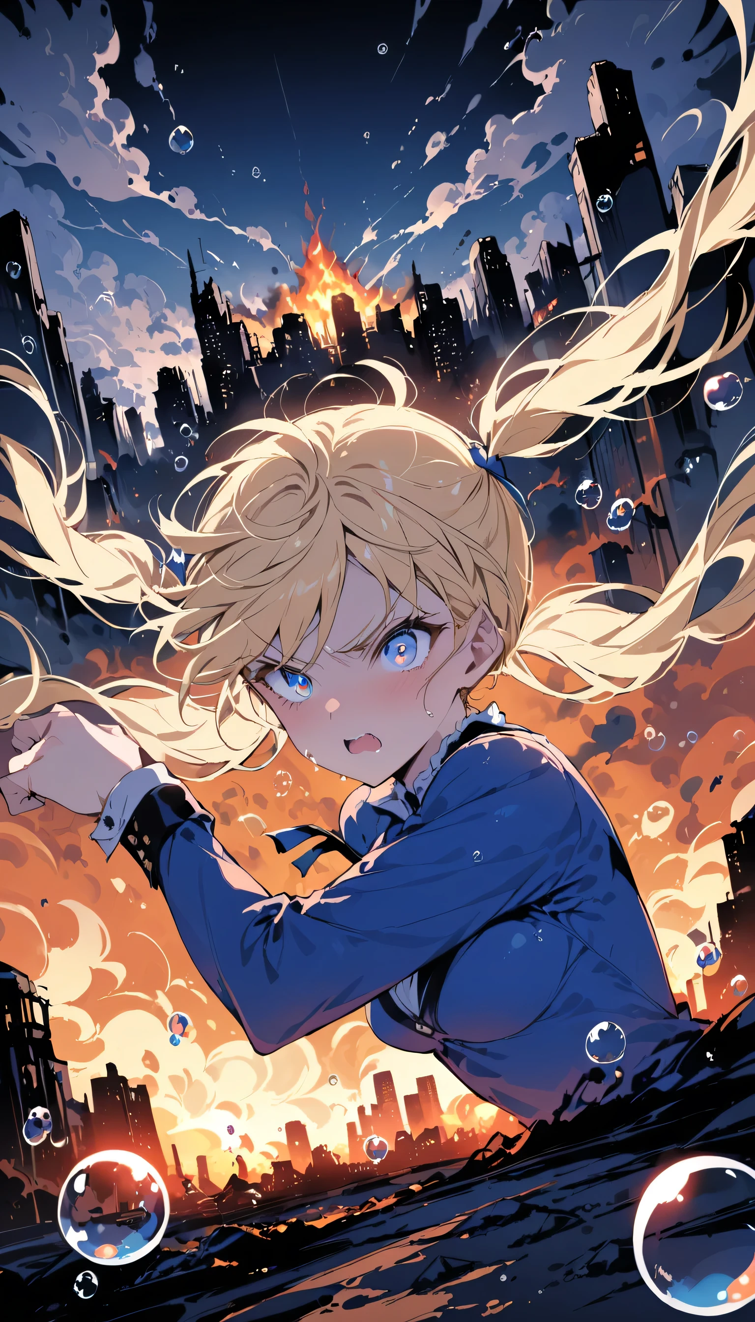 masterpiece, highest quality, bubble, Blue clothes, Blonde twin tails, Pretty face, Highly detailed eyes, Intense expression, Fighting Pose, Destroyed city, A distant fire, Rising Smoke, 