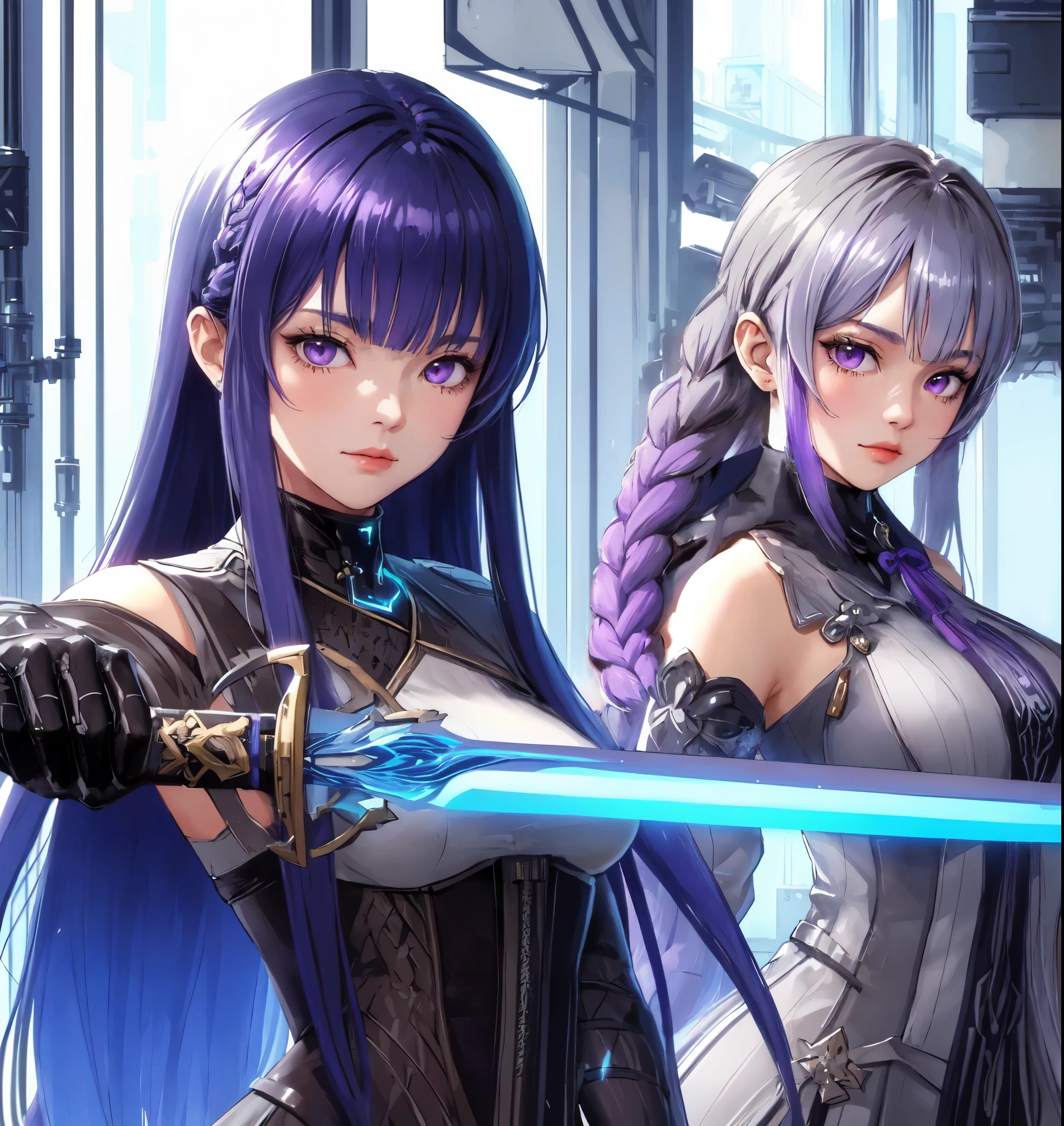 2ladies standing, (futuristic costume) (stylish outfit), mature female, cool expression, (light smile:0.8), dignified, (masterpiece best quality:1.2) delicate illustration ultra-detailed, large breasts BREAK 1lady, (holding Japanese sword), (dynamic posing), (indigo straight hair) bangs, (gradient hair) green, glove BREAK 1lady, (silver long hair) bangs, (twin braid), (gradient hair) purple, purple eyes BREAK (holding futuristic katana sword), (blade shimmering) BREAK (futuristic game world), dimly lit, danger, sharp lighting, detailed background