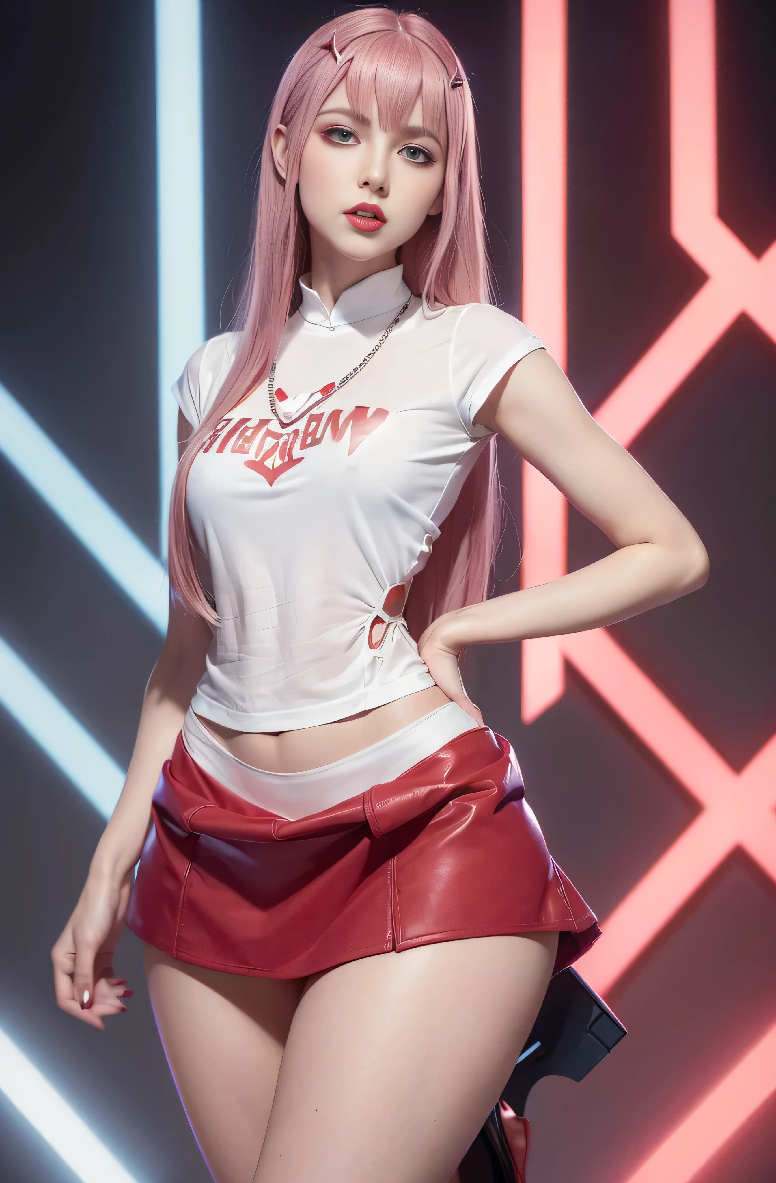 (Best quality, masterpiece: 1.1), (fidelity: 1.4), 1 girl, ((Zero Two/Darling in the Franxx)), upper body, very long hair, study, very young girl, , ((Shirt)), ((miniskirt)),  necklace, high heels, ((very small breasts)), extremely beautiful woman, ((ultra detailed and toned legs)), ((very wide hips)), ((very thick and toned thighs)), (sexy), ((extreme hourglass figure)), ((very thick heart lips)), ((very small and thick lips)), ((red lipstick)), ((blue eyes)), ((angry look)), (blush), (makeup), miniskirt, high heels, ((she is angry)), ((she used a Shirt and miniskirt))