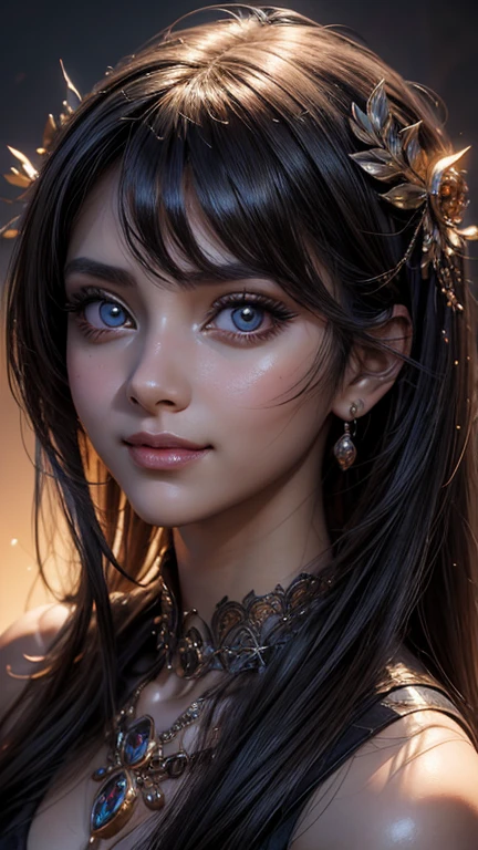 Beautiful girl,anime styled 3d,goddess face,big eyes,extre mely detailed face,with symmetrical detailed beautiful eyes,most beautiful smile in the world,noble,delicate,high detal,HD,120k,wlop,johan gnenier,digital painting,cinematic lighting,chiaroscuro