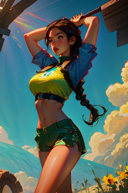 Lara croft only ,large breasts, portrait, bad girl, long dark brown hair.in a braided ponytail. light brown eyes, beautiful red lips, right fitting lara croft costume (blue top and brown shorts)