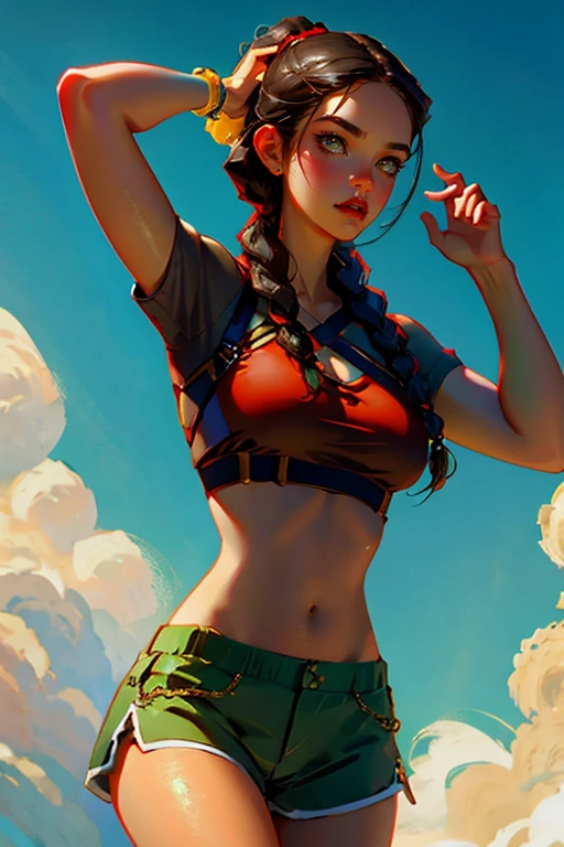 Lara croft only ,large breasts, portrait, bad girl, long dark brown hair.in a braided ponytail. light brown eyes, beautiful red lips, right fitting lara croft costume (blue top and brown shorts)