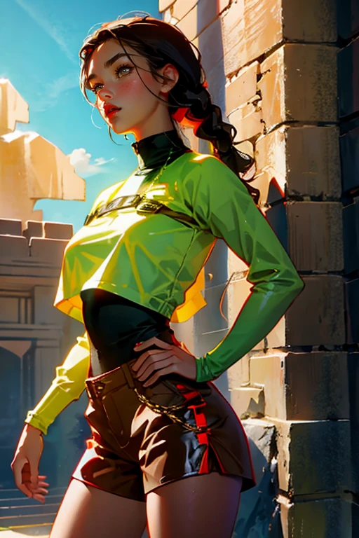 Lara croft only ,large breasts, portrait, bad girl, long dark brown hair.in a braided ponytail. light brown eyes, beautiful red lips, right fitting lara croft costume (blue top and brown shorts)