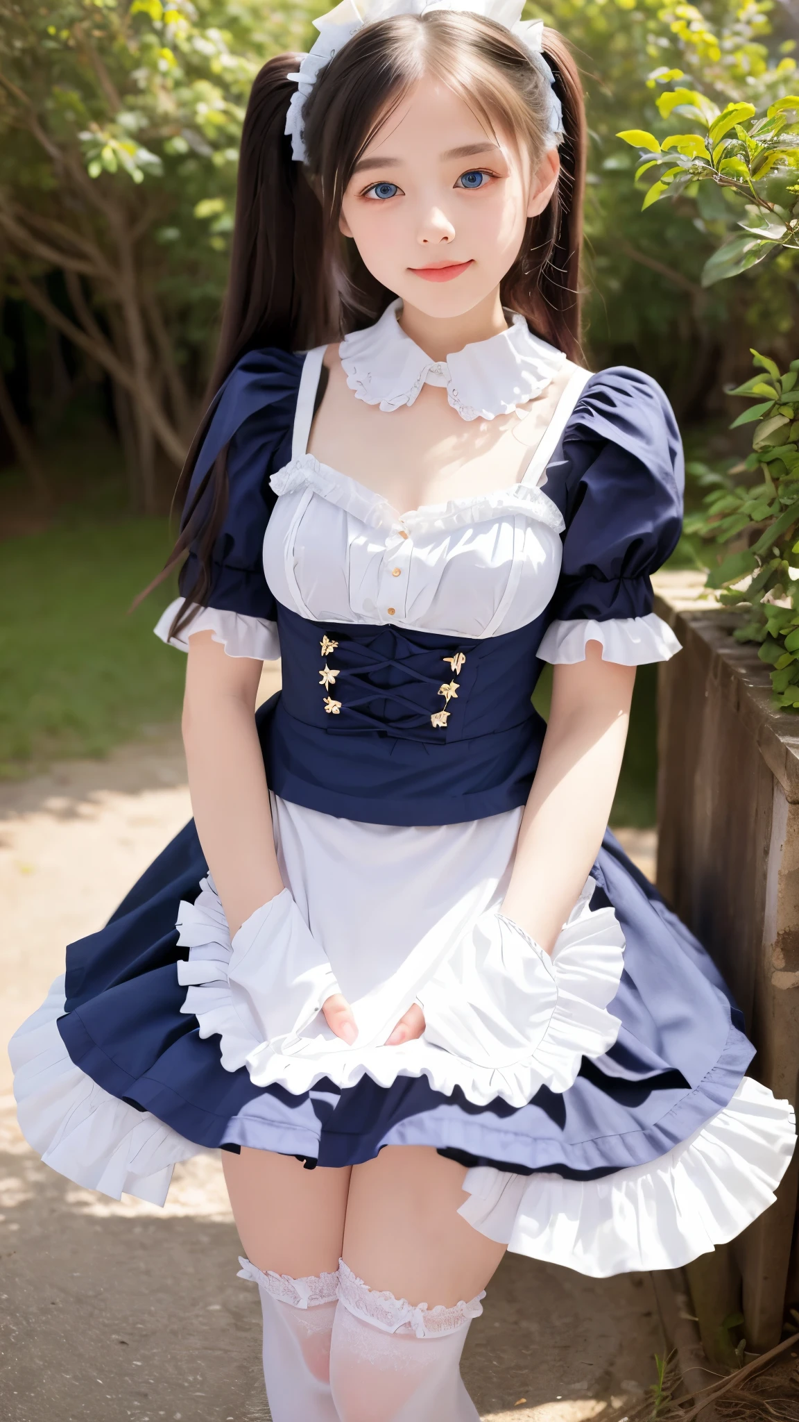 ((Real Photo Quality))、((masterpiece)), ((highest quality、Ultra high definition)), (Very detailed),8K、Photo quality、(((Amazingly cute girl))), , (Beautiful emerald blue eyes), (smile),Glossy lips、In the open-air bath overlooking the sea, Beautifully arranged black hair in twin tails、Lace fabric ribbon、whole body、((Super high-end white see-through summer gothic lolita maid costA super mini skirt with lots of frills))、Professional Lighting、(White lace knee-highore detailed and beautiful)、(More details and cutenesore realistic)、