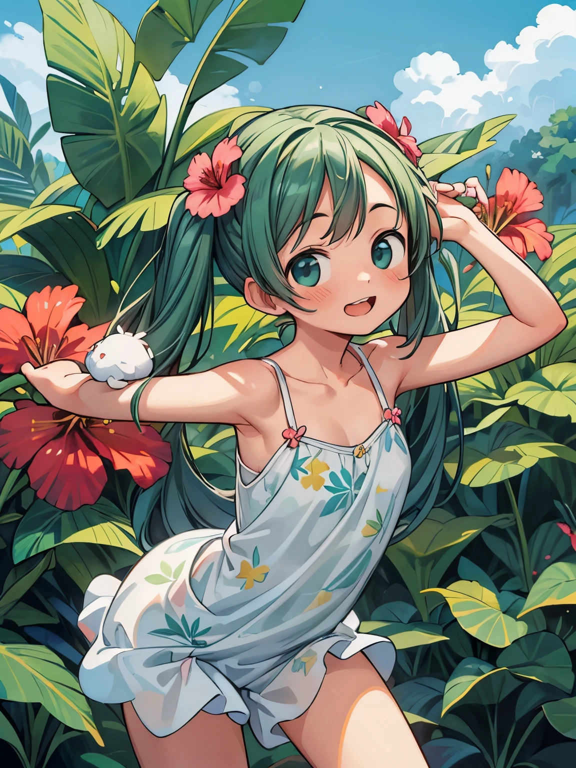 (masterpiece、Highest品質、Highest品質、Official Art、Beautiful and beautiful:1.2)、(One girl:1.3)Hatsune Miku、Twin tails,Big Breasts,((masterpiece)), ((Highest品質)), (Professional photography:1.2), Cumulonimbus, Summer day, Okinawa, Tropical countries, Asian, (pretty girl), Grin, Thin camisole, (Highest_detailed:1.3), Jerry Pinkney, Quentin Blake, Blooming hibiscus, Botanical pattern, Spread your arms,