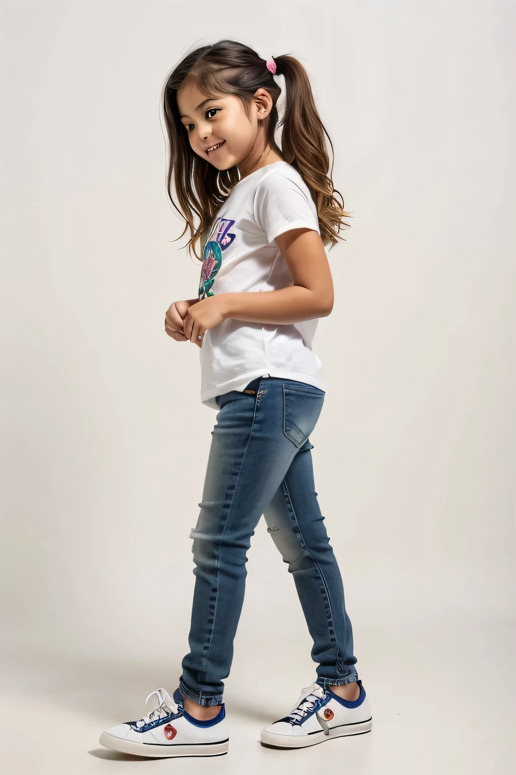 Wearing jeans、Holding a skateboard、Congressman walking on a white background, (1５Year old girl：1.66) ，（Black Hair，（Flat Chest：1.37），（smile：1.37）, （White sneakers）Profile portrait of a girl walking, Full body cute young woman, Side view of her taking a step, Standing girl, Cute Girl's, Go right, Full body image, looking at the camera