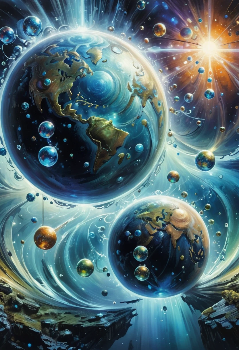 a close up of a painting of a planet with a lot of bubbles, in the multiverse, floating planets, greg beeple, by Eugeniusz Zak, ivan plusch artwork, fractal world, inspired by Johfra Bosschart, by Johfra Bosschart, multiverse, amazing depth, by Adam Marczyński, liquified