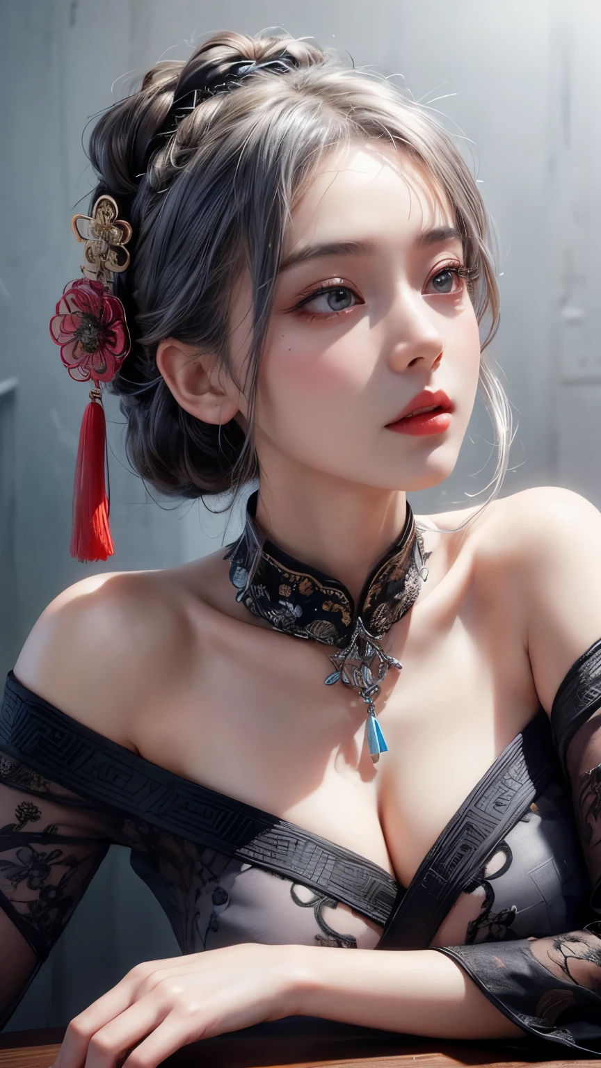 best quality, masterpiece, ultra high res, (photorealistic:1.4), 1girl, off-shoulder shirt, ((traditional chinese dress:1)), black choker, (faded ash gray hair:1), (huge breasts:1.2), looking at viewer, close up, from below, 