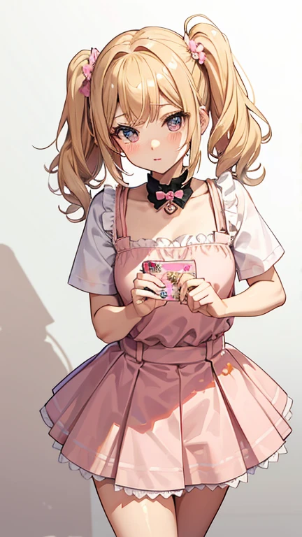 Gyaru teenage girl, short blonde hair with pigtails, soft pink school outfit with short skirt, cute