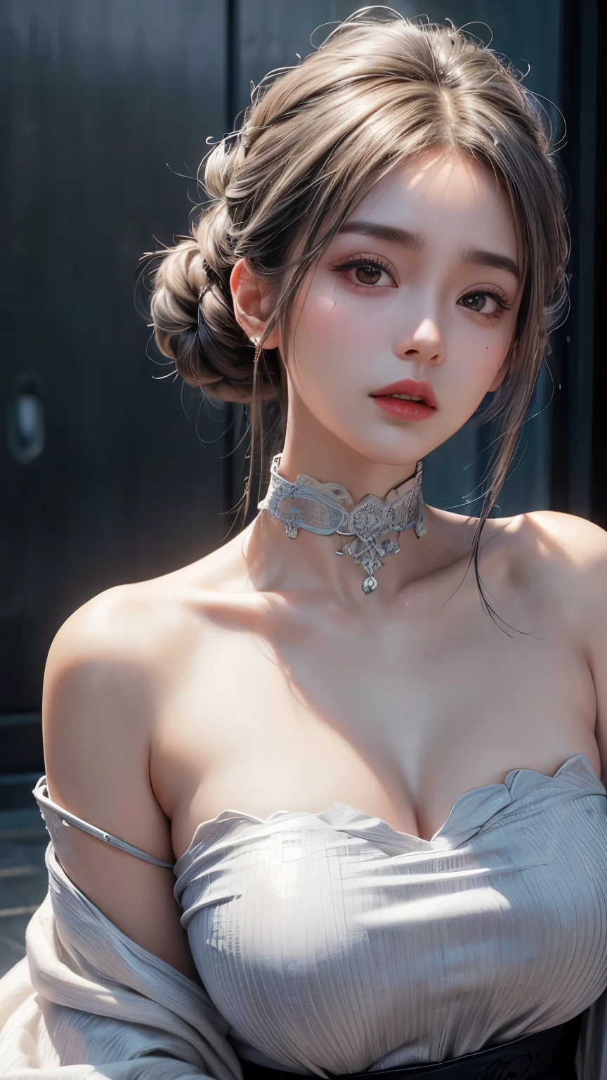 best quality, masterpiece, ultra high res, (photorealistic:1.4), 1girl, off-shoulder shirt, ((traditional chinese dress:1)), black choker, (faded ash gray hair:1), (huge breasts:1.2), looking at viewer, close up, from below,
