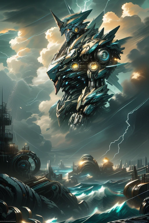 a giant mecha in a stormy ocean, highly detailed, photorealistic, cinematic, dramatic lighting, epic scale, intricate mechanical design, seamlessly integrated with the environment, gritty and weathered appearance, powerful and imposing presence, shimmering water, dramatic cloud formations, lightning strikes, moody and atmospheric
