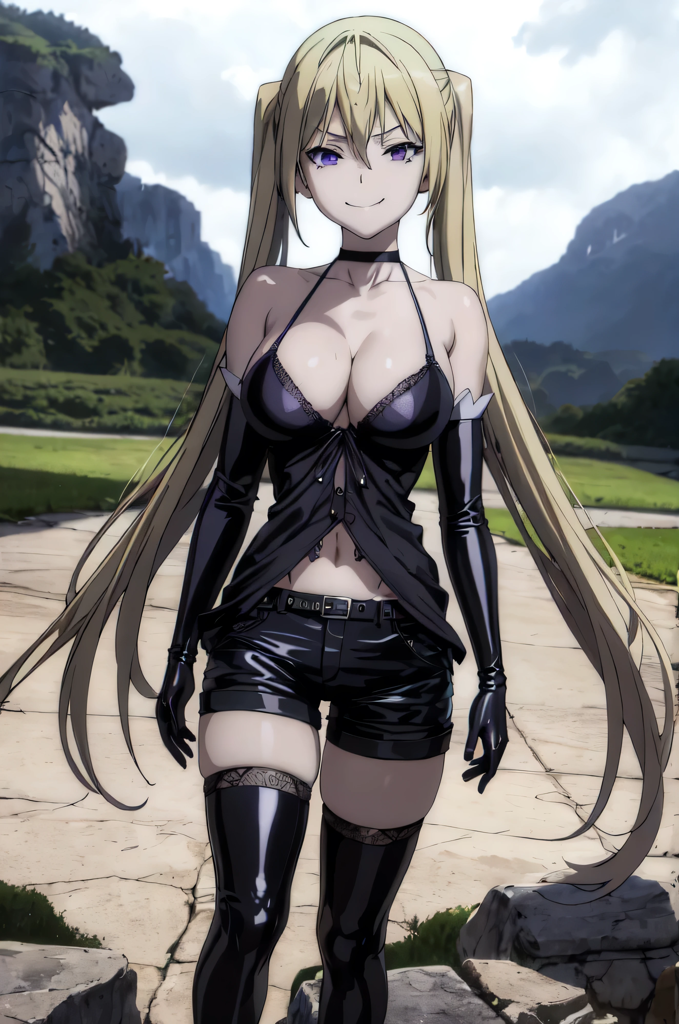 (masterpiece, best quality), 1girl, lieselotte sherlock,high quality, extremely detailed, ,(dark and stormy skies, lightning)(masterpiece:1.0),(Highest_quality:1.0), 超High resolution,4k,Super detailed, photo shoot, 8K, HDR, High resolution, disorganized:1.2, twintail,,looking at viewer,latex,elbow gloves,,, ,official art,short pants,(beautiful_face:1.5),(narrow_waist),,Highly detailed CG Unity 8K wallpaper, perfect lighting,laugh at,evil smile,evil smirk,looking at viewer,latex thighghigh socks,