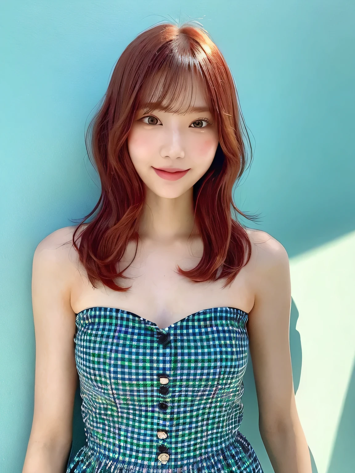 one person、、Red hair、Full body photo、slender、woman、White drool coming out of the mouth、smile、Red hair、Natural Shorthair、 Fair skin, messy hair, super cute、Soft and Face、8K resolution、Surreal、Ultra high definition、 A-cup small breasts（（Highest resolution、8k、masterpiece：1.3））、Ultra-fine face、Ultra Fine Lips、Beautiful Eyes、double eyelid,Light blue wall、Black and green checked bandeau dress:1.1、Thighs、thin,Thighs are visible、Shapely small breasts、