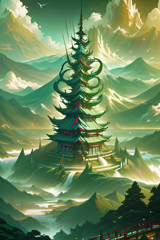 2. Mountain View，There are waterfalls and pagodas in the middle, Scenes painted by Han Gan, CG Society Competition Winner, Fantasy Art, Dreamy Chinatown, Chinese scenery, Chinese Fantasy, Made of trees and fantasy valley, ancient city landscape, Impressive fantasy scenery, The most magnificent scenery, Pagoda on the mountain, mountain jungle environment, Avatar Landscape, Chinese Village.