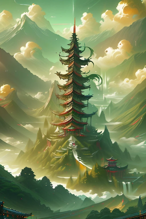 2. Mountain View，There are waterfalls and pagodas in the middle, Scenes painted by Han Gan, CG Society Competition Winner, Fantasy Art, Dreamy Chinatown, Chinese scenery, Chinese Fantasy, Made of trees and fantasy valley, ancient city landscape, Impressive fantasy scenery, The most magnificent scenery, Pagoda on the mountain, mountain jungle environment, Avatar Landscape, Chinese Village.