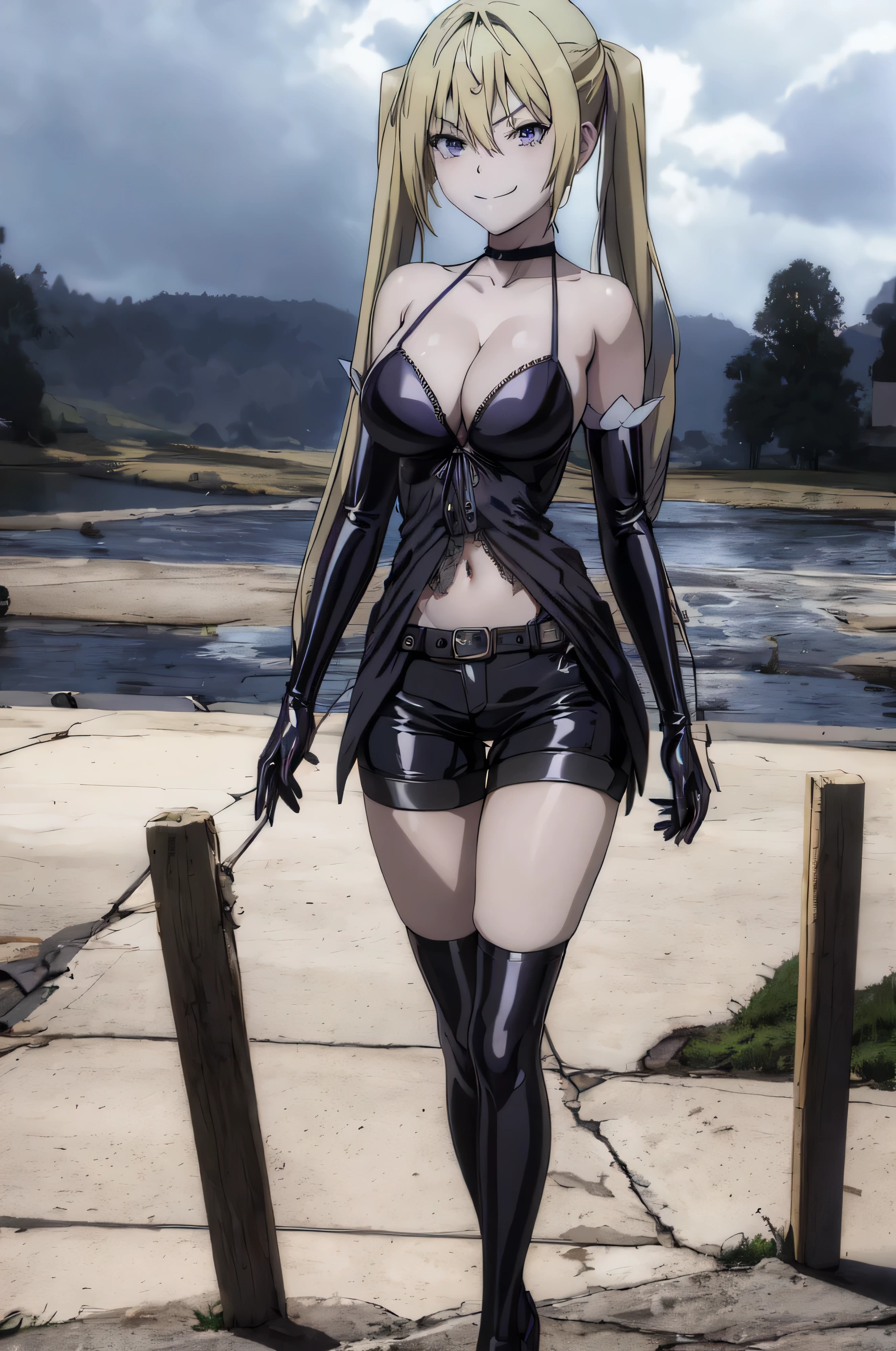 (masterpiece, best quality), 1girl,     lieselotte sherlock,high quality, extremely detailed, ,(dark and stormy skies, lightning)(masterpiece:1.0),(Highest_quality:1.0), 超High resolution,4k,Super detailed, photo shoot, 8K, HDR, High resolution, disorganized:1.2, twintail,,looking at viewer,latex,elbow gloves,,, ,official art,short pants,(beautiful_face:1.5),(narrow_waist),,Highly detailed CG Unity 8K wallpaper, perfect lighting,laugh at,evil smile,evil smirk,looking at viewer,latex thighghigh socks,