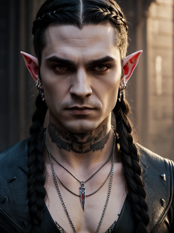 1boy, vampire elf, piercings, long black hair, side braids, white skin, blood drip tattoo around eyes, hyperrealistic heavy detailed dnd portrait, symmetrical, blurred background, detailed face, real, atmospheric, sharp, 8k, high textured, maximalist, raytracing, real life, (natural), wearing long crazy fashion alternate costume with draconic print, wearing thick silver necklace, piercings