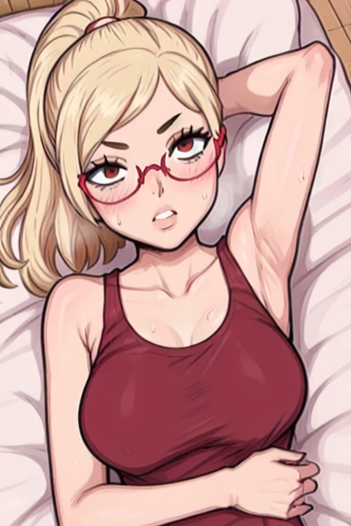 masterpiece, best quality, looking at viewer, upper body, portrait, looking at viewer, put your hands behind your head, armpits, armpits visible, sweaty armpits, Kaede Akiyama, very large breasts, long blonde hair, wearing glasses, ponytail. wearing tanktop, no bra, sleeping on bed