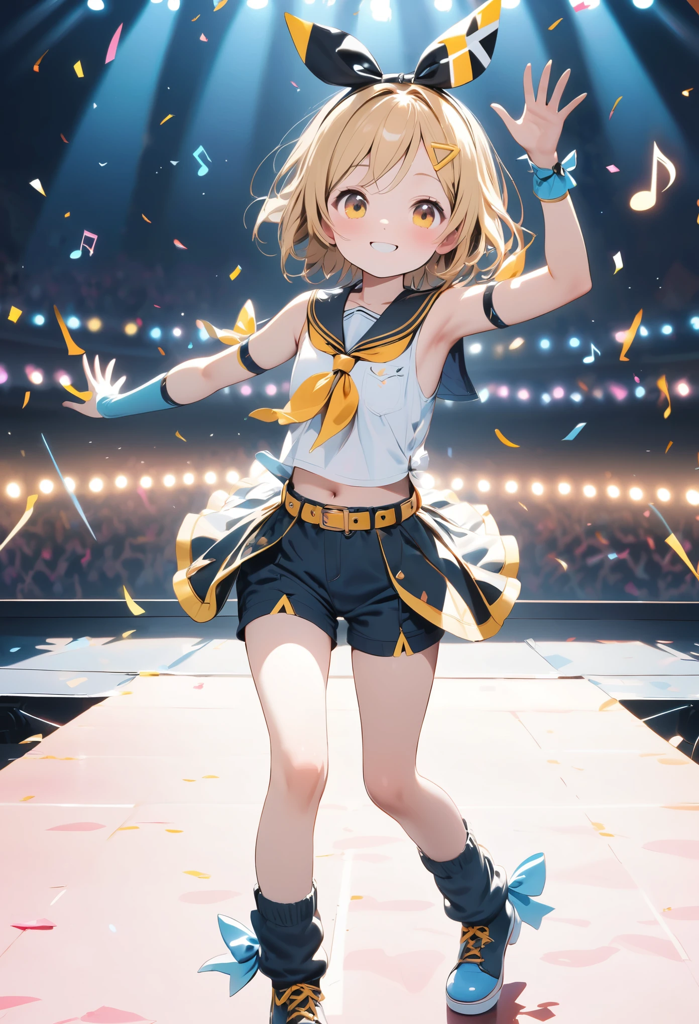 KAGAMINE RIN\(vocaloid\),solo,1female\(cute,kawaii,age of 10,KAGAMINE RIN\(vocaloid\),light yellow hair, short hair,red tattoo of numbers"02" on shoulder,(big white bow),sleeveless white shirt,detached black arm bell sleeves,(arm sleeves are black bell sleeves:1.2),belt,sailor collar,yellow wide tie,white headphones,black shorts,black  knee high leg warmers,yellow key strap at belt,open shoulder,singing and dancing,(very cute pose:1.5),(korean idol pose:1.5),dynamic pose,(cute big smile),(full body),looking away\), BREAK ,background\((live stage),colorful confetti,pastel color spotlights,(many colorful music notes),(many audience waving yellow glow sticks at audience seats),\), BREAK ,quality\(8k,wallpaper of extremely detailed CG unit, ​masterpiece,hight resolution,top-quality,top-quality real texture skin,hyper realisitic,increase the resolution,RAW photos,best qualtiy,highly detailed,the wallpaper,cinematic lighting,ray trace,golden ratio\),RIN is so so cute,dynamic angle,long shot,wide shot,(aerial view:0.3)