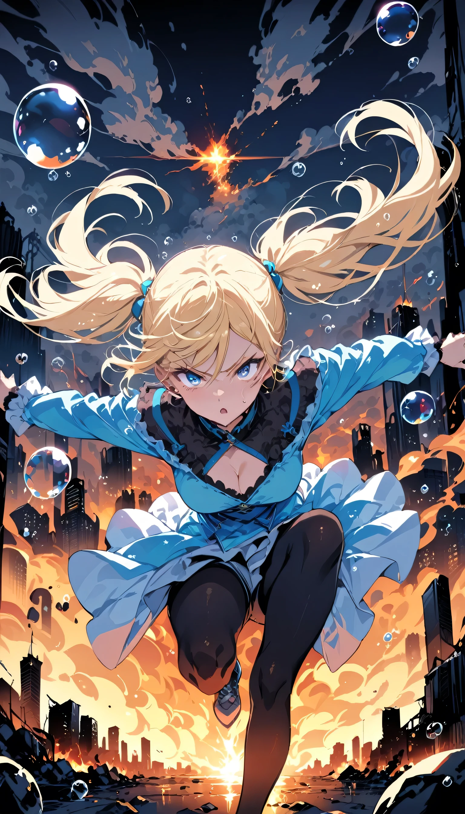 masterpiece, highest quality, bubble, Blue clothes, Blonde twin tails, Pretty face, Highly detailed eyes, Intense expression, Fighting Pose, Destroyed city, A distant fire, Rising Smoke,