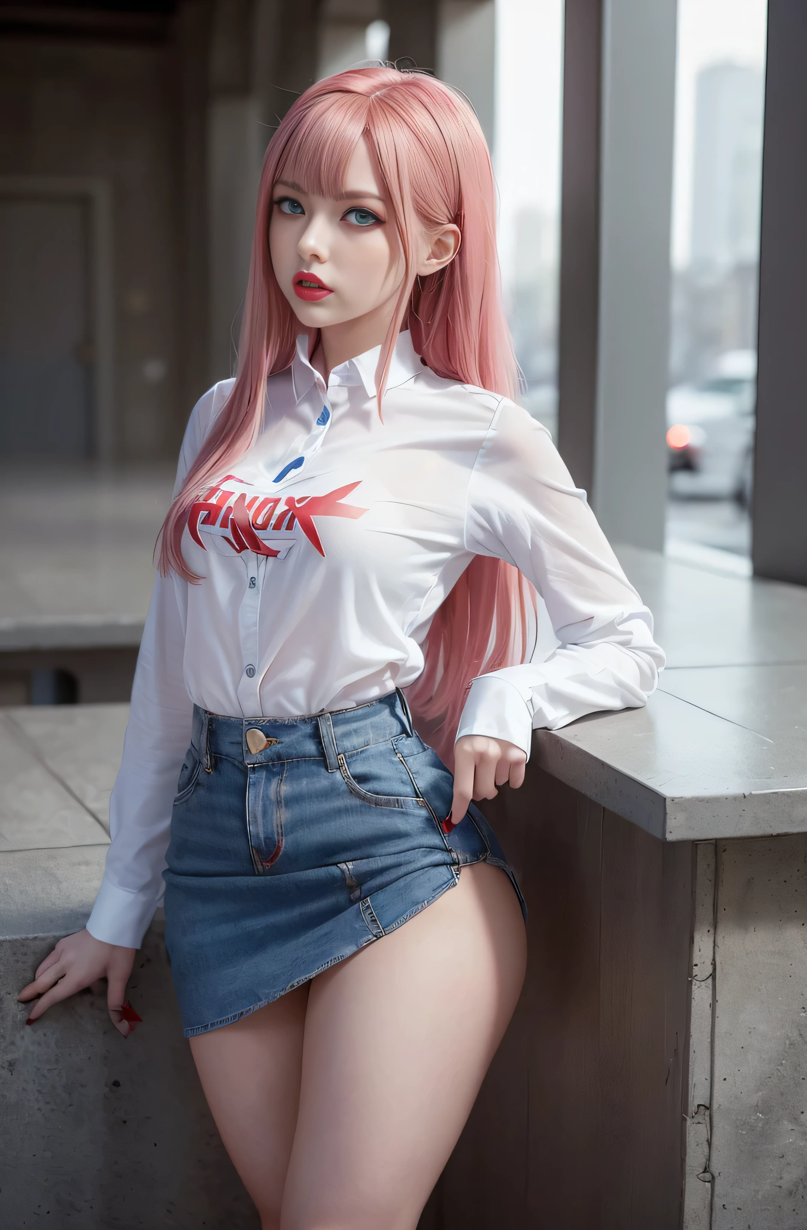 (Best quality, masterpiece: 1.1), (fidelity: 1.4), 1 girl, ((Zero Two/Darling in the Franxx)), upper body, very long hair, study, very young girl, ((Shirt)), ((miniskirt)), ((very small breasts)), extremely beautiful woman, ((ultra detailed and toned legs)), ((very wide hips)), ((very thick and toned thighs)), (sexy), ((extreme hourglass figure)), ((very thick heart lips)), ((very small and thick lips)), ((red lipstick)), ((blue eyes)), ((angry look)), (blush), (makeup), miniskirt, high heels, ((she is angry)), ((she used a Shirt and miniskirt))