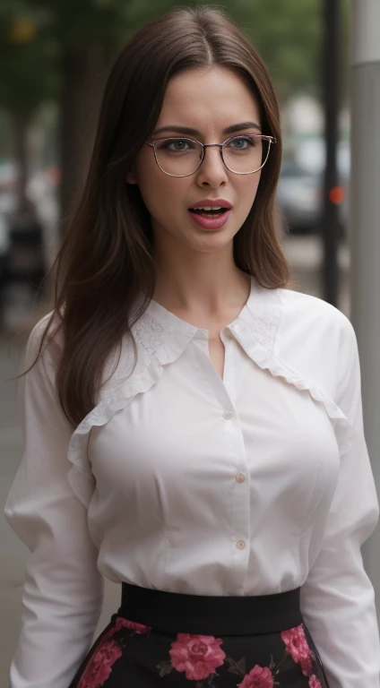 beautiful face, (((shouting orgasm extase climax))), glasses, cleavage, buttons popping
