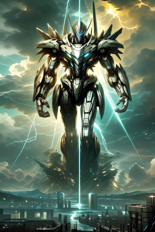 Giant mecha in the stormy sea,Highly detailed,lifelike,Movie,Dramatic lighting,epic scale,,and,Tough and weathered look,A powerful and majestic presence,shimmering water,dramatic clouds,lightning、moody、Atmosphere protects a city from alien attacks