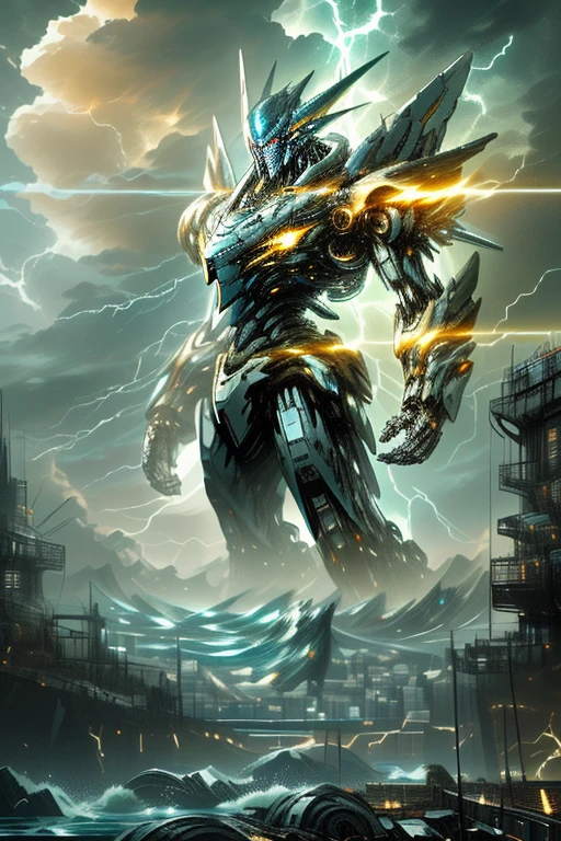 Giant mecha in the stormy sea，Highly detailed，lifelike，Movie，Dramatic lighting，epic scale，，and，Tough and weathered look，A powerful and majestic presence，shimmering water，dramatic clouds，lightning、moody、Atmosphere protects a city from alien attacks