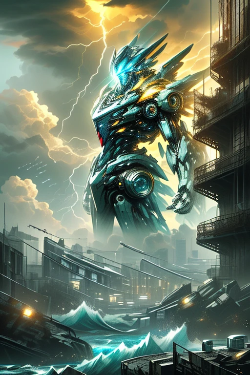 Giant mecha in the stormy sea,Highly detailed,lifelike,Movie,Dramatic lighting,epic scale,,and,Tough and weathered look,A powerful and majestic presence,shimmering water,dramatic clouds,lightning、moody、Atmosphere protects a city from alien attacks