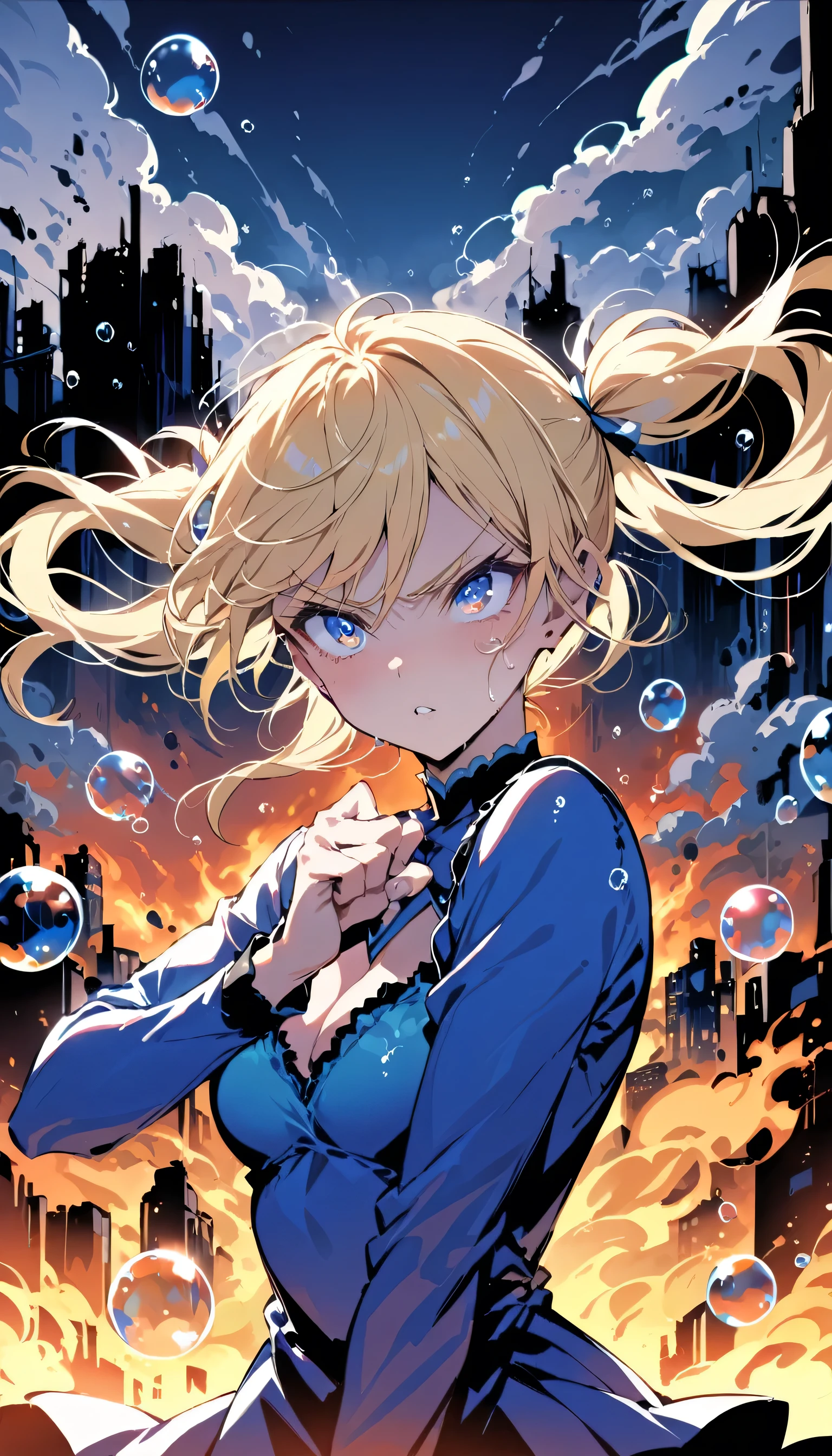 masterpiece, highest quality, bubble, Blue clothes, Blonde twin tails, Pretty face, Highly detailed eyes, Intense expression, Fighting Pose, Destroyed city, A distant fire, Rising Smoke, 