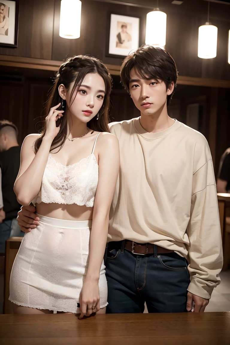 Ultra wide angle,((masterpiece)),((best quality)),8K,high detail,Extremely detailed, neutral expression, fashionable pose, Real skin texture, movie lighting,
Loving couple in casual style