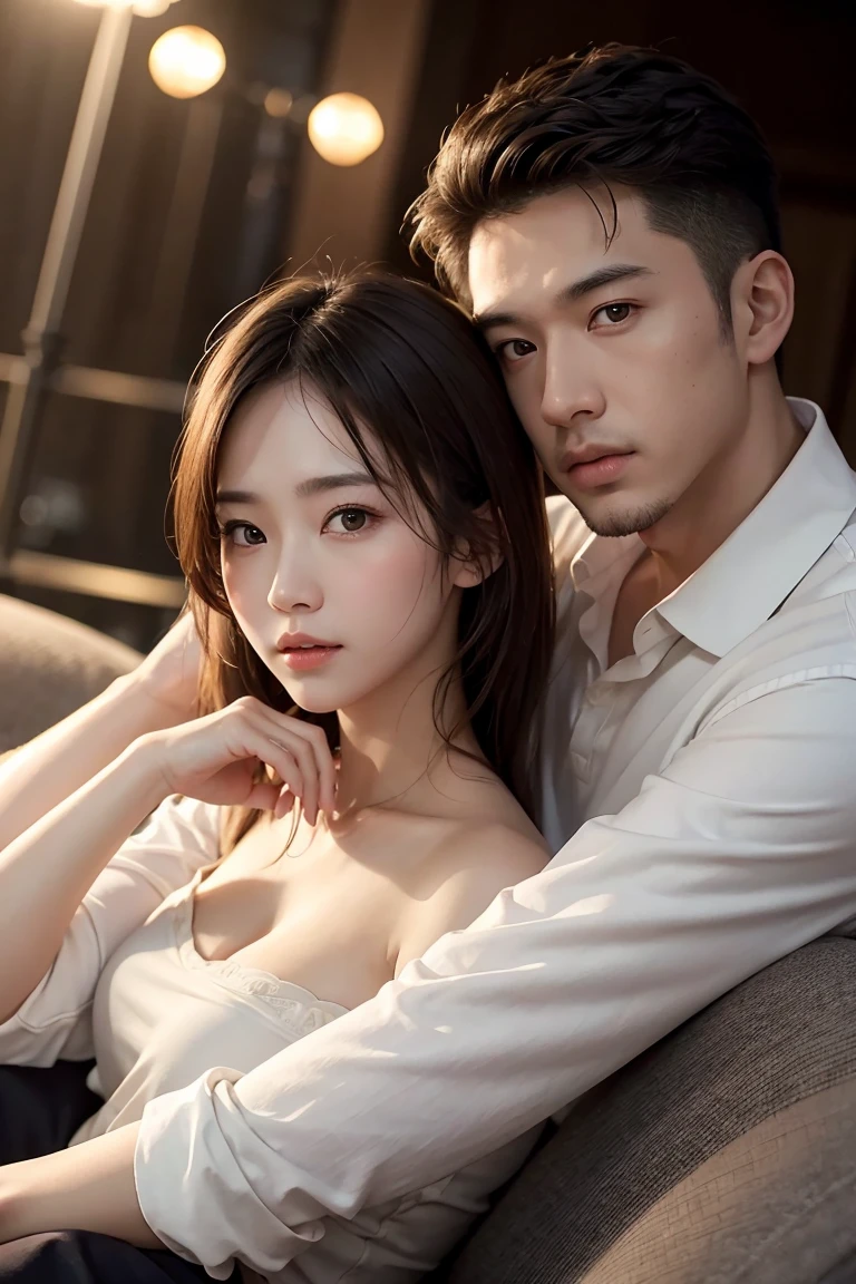 Ultra wide angle,((masterpiece)),((best quality)),8K,high detail,Extremely detailed, neutral expression, fashionable pose, Real skin texture, movie lighting,
Loving couple in casual style