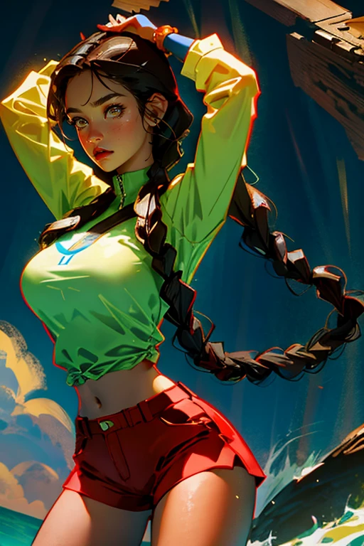 25 year old Lara croft only ,large breasts, portrait,, long dark brown hair.in a braided ponytail. light brown eyes, beautiful red lips, right fitting lara croft costume (blue top and brown shorts)