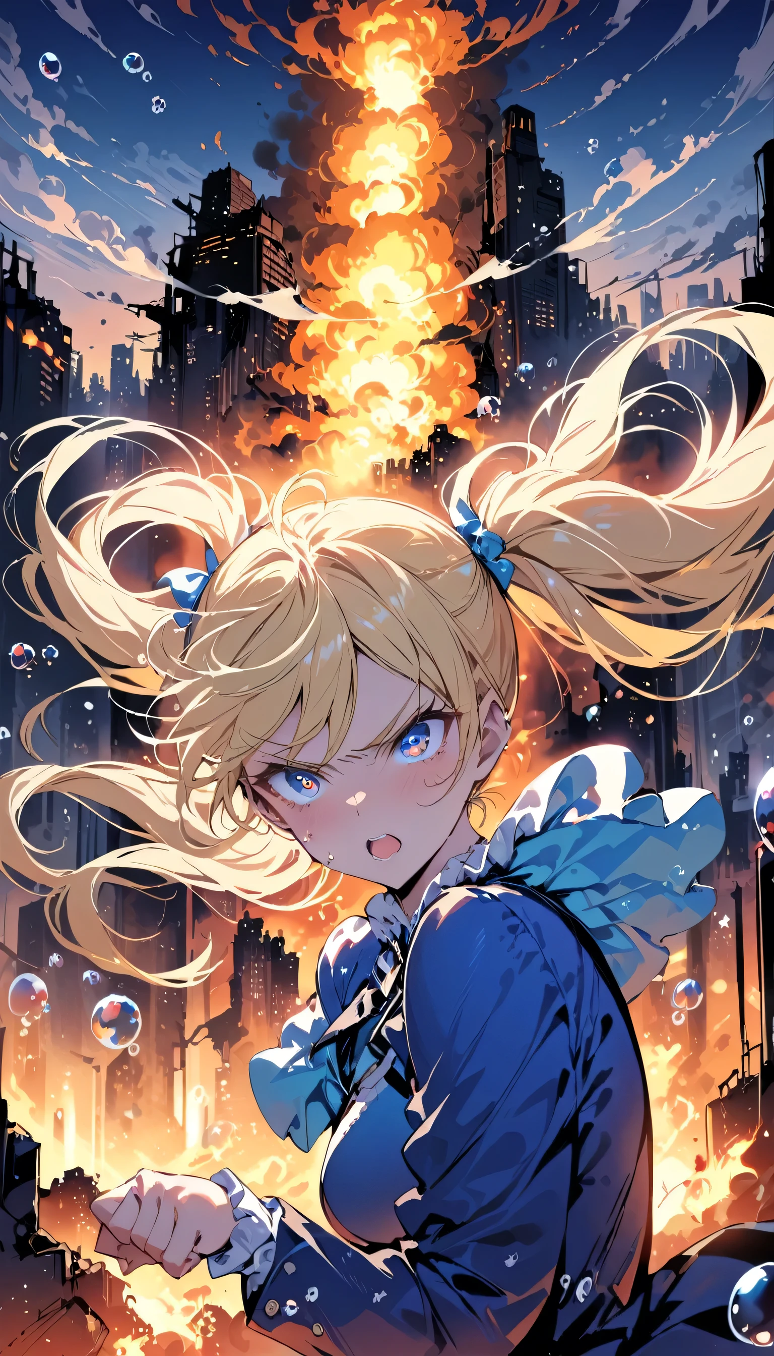 masterpiece, highest quality, bubble, Blue clothes, Blonde twin tails, Pretty face, Highly detailed eyes, Intense expression, Fighting Pose, Destroyed city, A distant fire, Rising Smoke, 