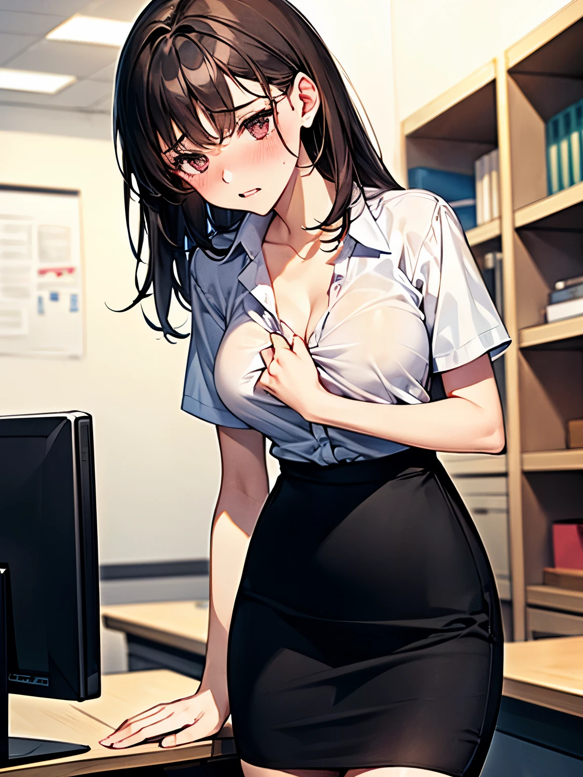 (office lady, bow, Short sleeve, White shirt, Pencil Skirt, Best:1.2), beauty、20-year-old、masterpiece、highest quality、(8k, High resolution:1.1), (embarrassed:1.3), blush, (Front opening of the shirt, Showing off your bra:1.1), (Embrace your chest), (pussy juice), Inner thighs:1.5, Look down