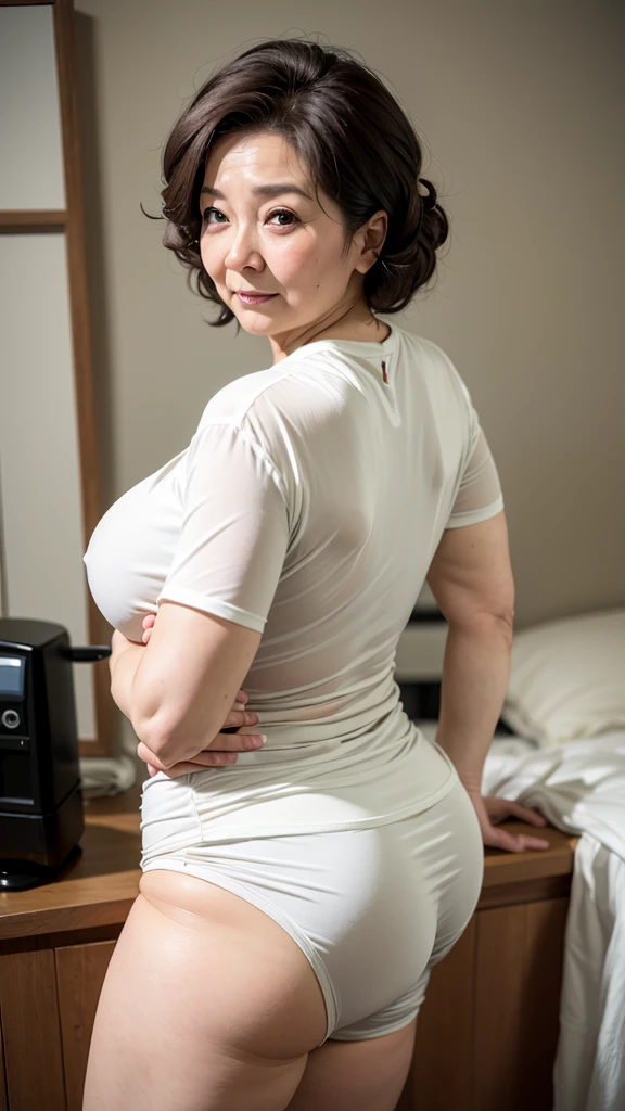 (highest quality、masterpiece、detailed、High resolution、8K、Photorealistic、Sharp focus、High-level image quality)
(Plain background、Professional Lighting、非常にdetailedな、Depth of written boundary)
(Mature Woman、65 years old、Japanese、Beauty、housewife、Aunt、Elegant、美Mature Woman)、
(Full body image、Turn around、look back、Stick your butt out、looking at the camera、Staring at the audience)、
(Big Breasts、K-Cup Bust、Large areola、Erect nipples、,、Huge Ass、Thick thighs、Loose body、Voluptuous body、Thick upper arms)、
(Perfect beautiful face、round face、Small face、Sharp jaw、Big Nose、Slit eyes、Cat-like eyes、Dimples、Wrinkles at the corners of the eyes、Dark circles in the eyes、Clear double eyelids、Nasolabial folds)、
(Anxious expression、A stern glare)、
(White crop top、Beige T-back shorts、Tight Wear)、
(Very Short Hair、Light brown、Perm Wave Hair、Lift your bangs to show your forehead)、
