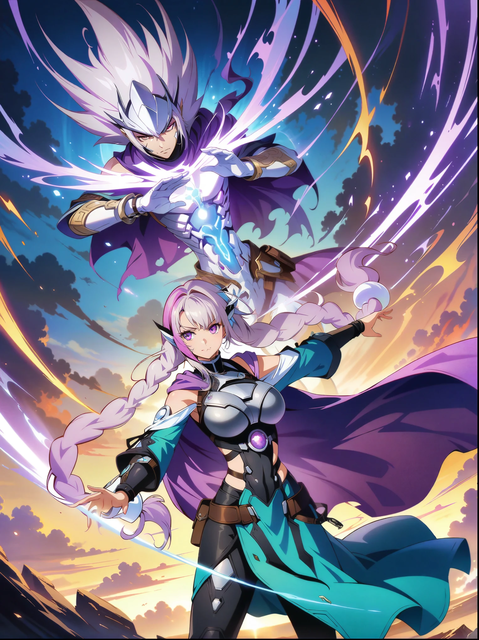 yinji,1gir, (1boy), Fighting Stance,Eyes on the audience,(1 couple:1.5),Anime character with purple cloak,流行的Different world动漫,Official Anime Artwork,Official Fan Art,Official Art,Fantasy style anime,Shadow Poetry Style,detailed key anime art,Fantasy Anime Series,Different world,Headquarters Artwork,future,hero,Doujin Art Artstation, (anatomically correct:1.5), 1yj1