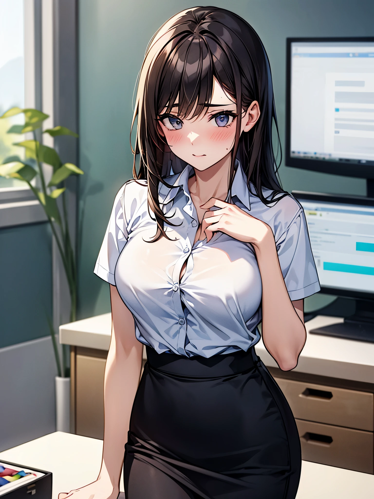 (office lady, bow, Short sleeve, White shirt, Pencil Skirt, Best:1.2), beauty、20-year-old、masterpiece、highest quality、(8k, High resolution:1.1), (embarrassed:1.3), blush, (Front opening of the shirt, Showing off your bra:1.1), (Embrace your chest), (pussy juice), Inner thighs:1.5, Look down